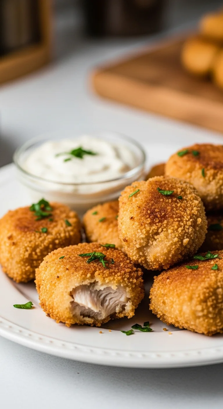 Golden brown crispy air fryer chicken bites served on a plate. Delicious and easy to make!