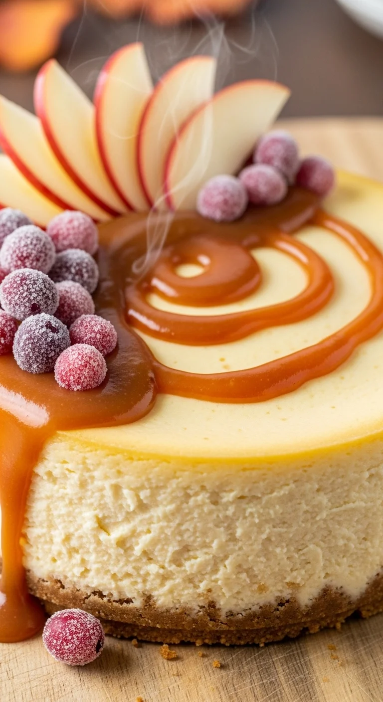 Close-up of apple cider cheesecake, showing creamy texture and autumn colors.