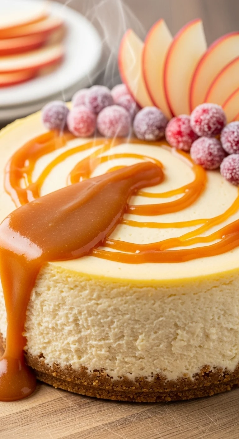 Creamy apple cider cheesecake, a delicious and easy fall dessert recipe.