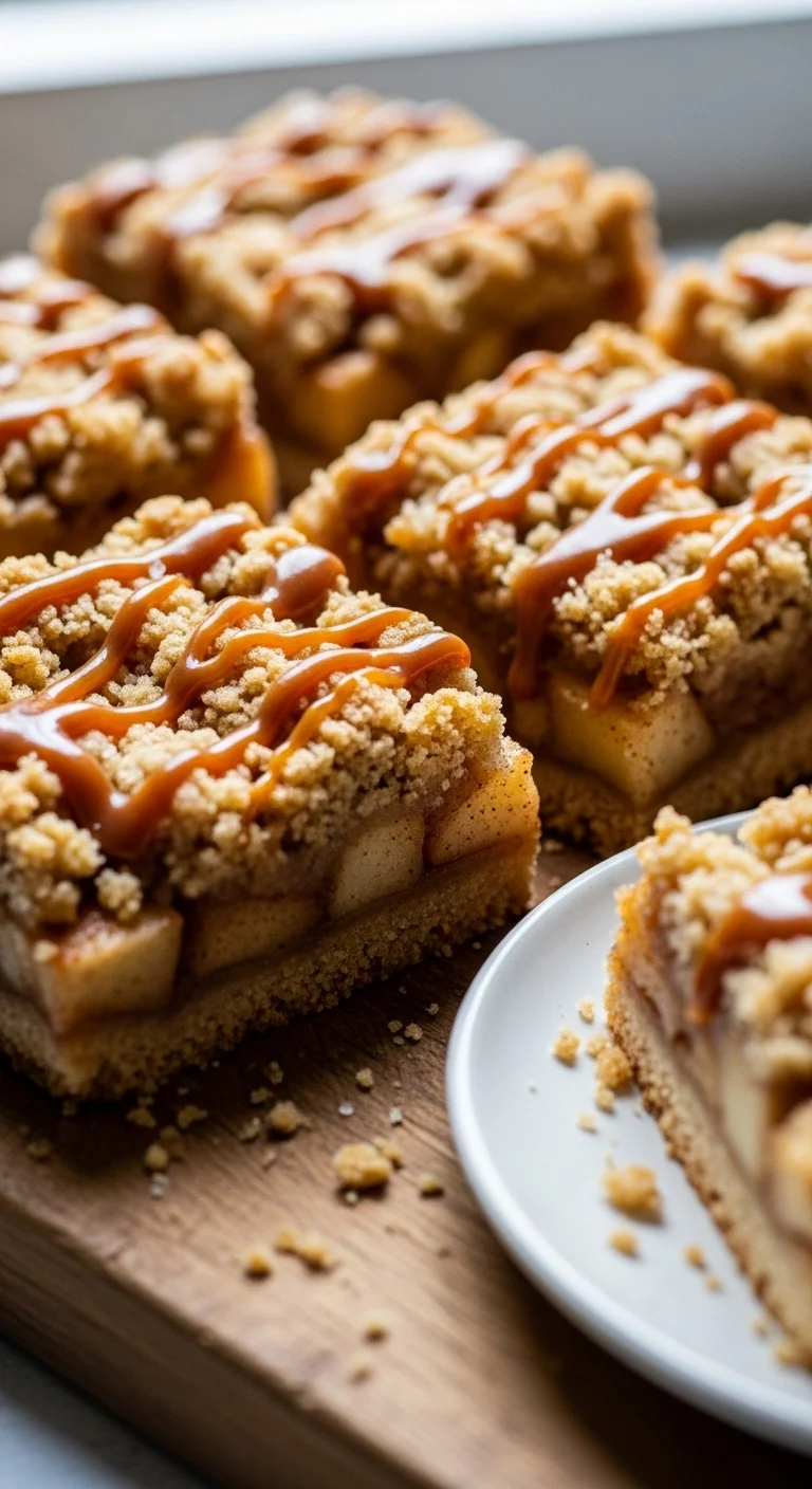 Step-by-step image showing how to assemble Salted Caramel Apple Crumble Bars, perfect for fall baking.