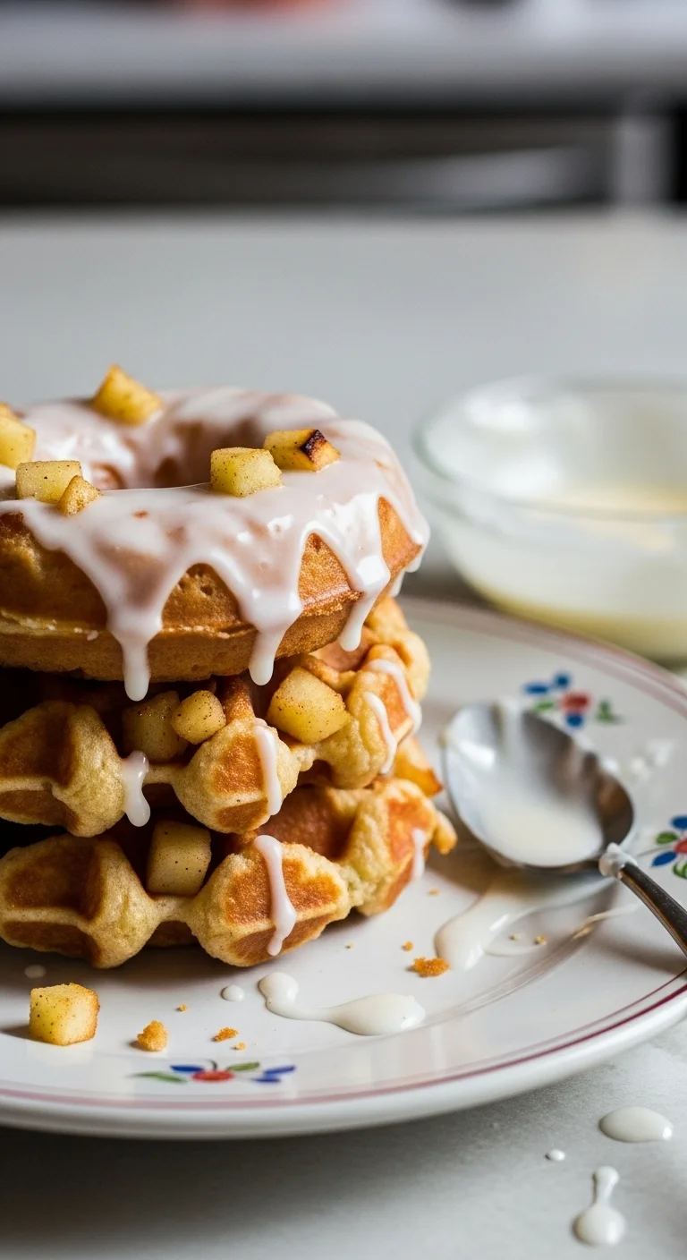 Step-by-step image showing how to make apple fritter donuts in a waffle iron.