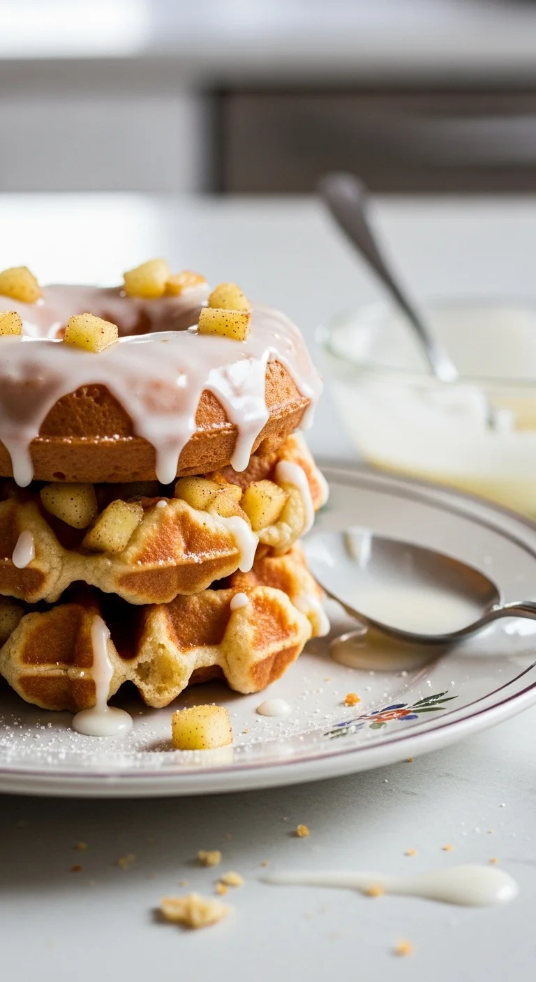 Close-up of a golden, glazed apple fritter donut waffle, ready to eat. Perfect for breakfast or dessert!