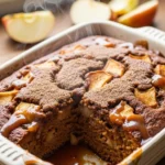 Close-up of a moist apple gingerbread pudding cake topped with caramel apple sauce, ready to be served.