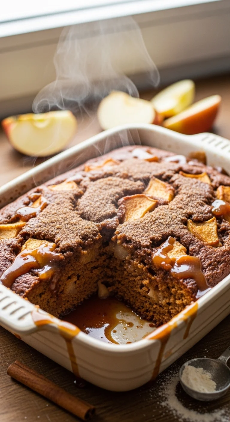 Close-up of a moist apple gingerbread pudding cake topped with caramel apple sauce, ready to be served.
