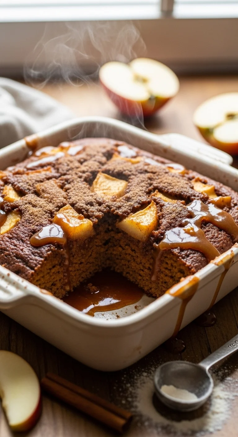 A single slice of homemade apple gingerbread pudding cake with caramel apple sauce dripping down the sides.
