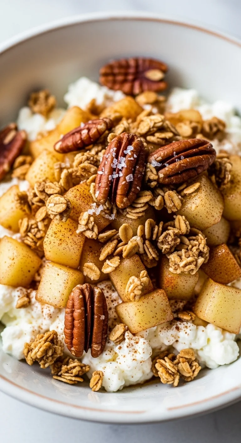 Close-up of an Apple Pie Cottage Cheese Bowl being assembled, showing the cottage cheese base and apple topping.