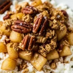 Delicious Apple Pie Cottage Cheese Bowl topped with warm apples, cinnamon, and pecans. High-protein dessert recipe.