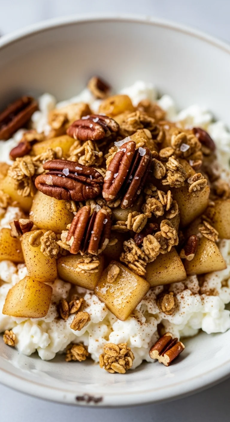 Delicious Apple Pie Cottage Cheese Bowl topped with warm apples, cinnamon, and pecans. High-protein dessert recipe.