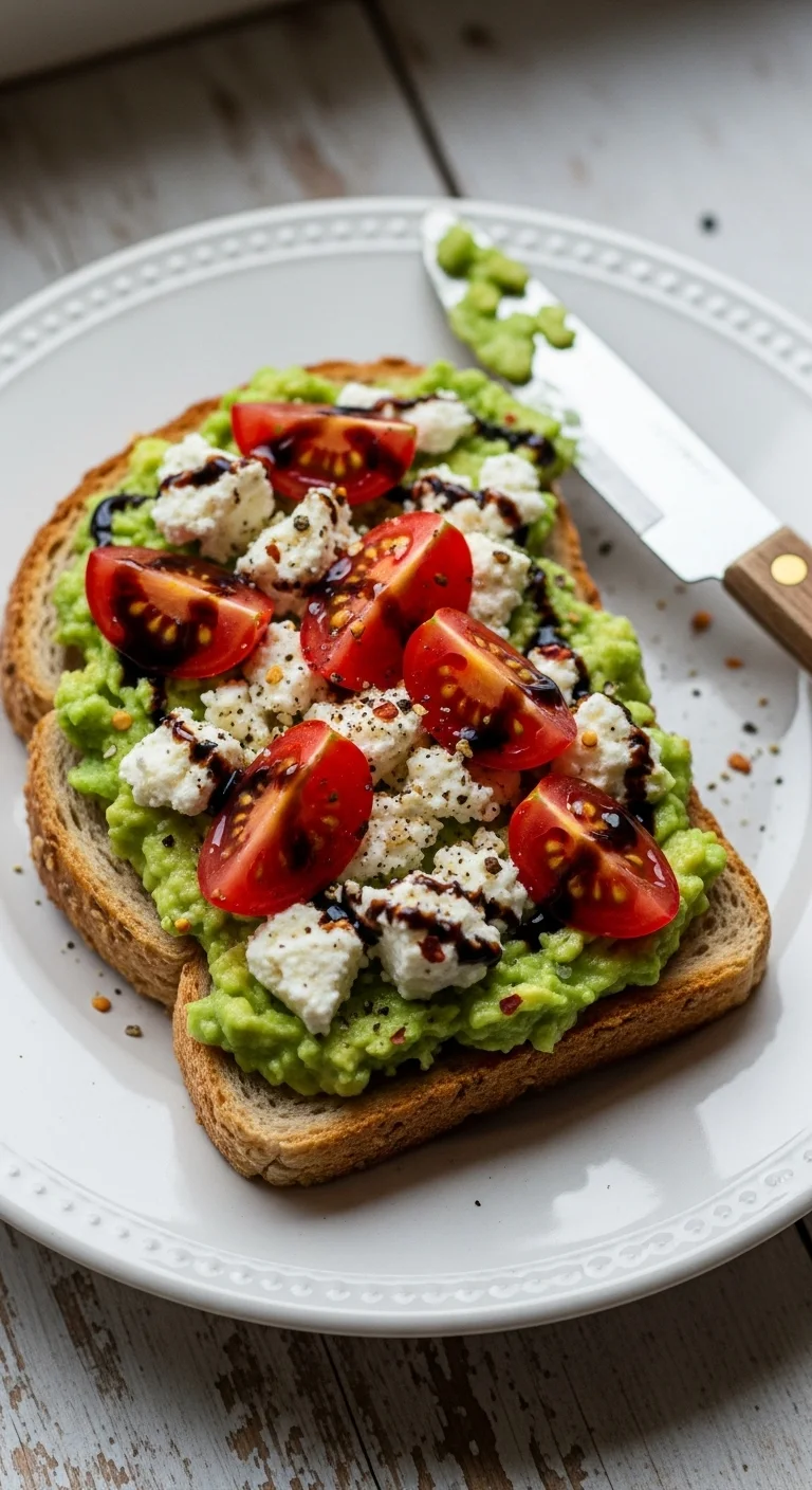 Close-up view of avocado toast with feta cheese and tomato topping, showcasing the creamy texture and vibrant colors.