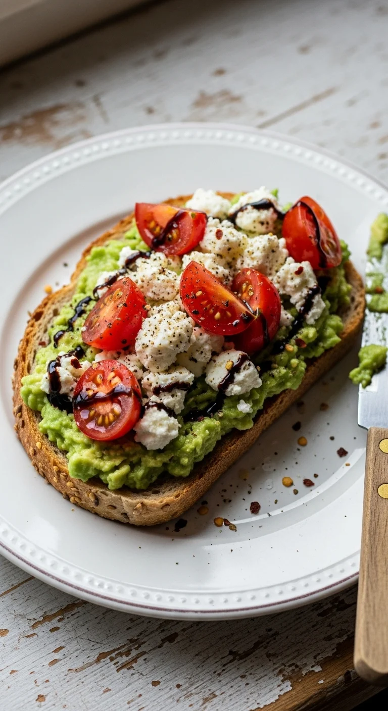 Delicious avocado toast recipe topped with creamy feta cheese and juicy sliced tomatoes, ready in 15 minutes.