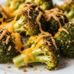 Close-up of crispy baked broccoli with melted cheddar cheese, a delicious and easy side dish.