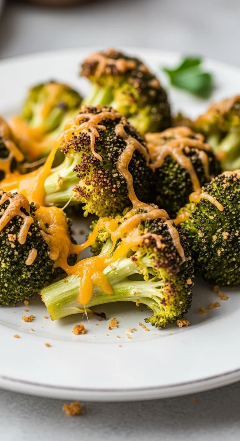 Close-up of crispy baked broccoli with melted cheddar cheese, a delicious and easy side dish.