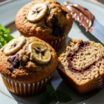 Close-up of a moist banana muffin with chocolate swirl, perfect for breakfast or dessert.