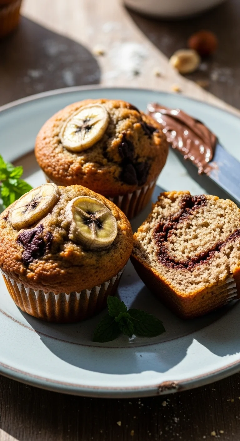 Close-up of a moist banana muffin with chocolate swirl, perfect for breakfast or dessert.