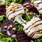 Delicious Beet Burrata Salad with creamy burrata cheese, roasted beets, and balsamic glaze.