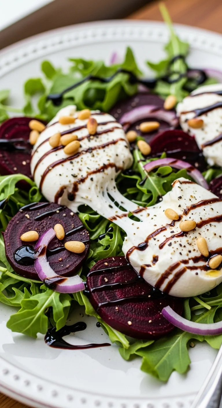 Delicious Beet Burrata Salad with creamy burrata cheese, roasted beets, and balsamic glaze.