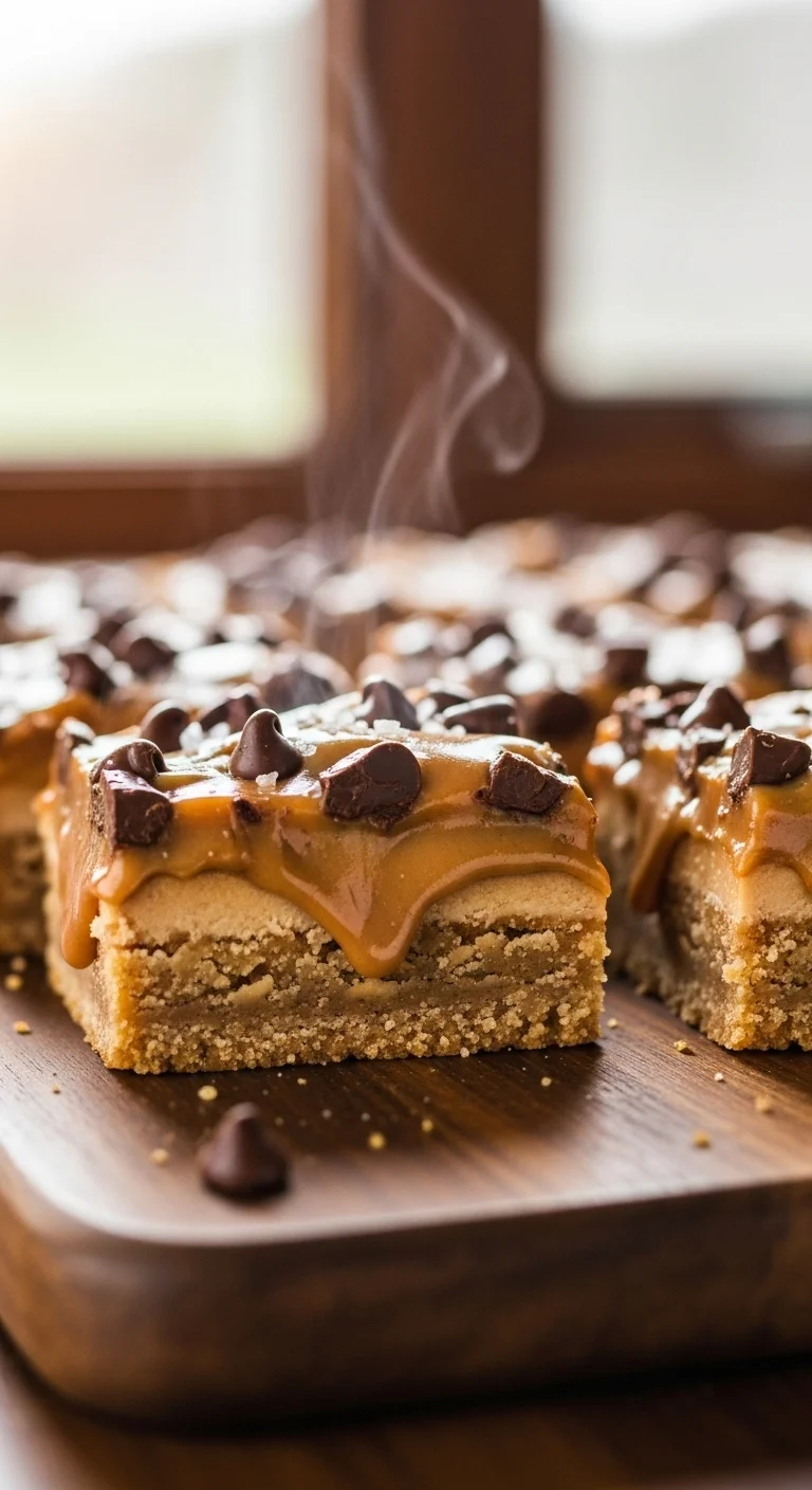Close-up of Better Than Anything Bars showing layers of caramel, peanut butter, and chocolate.