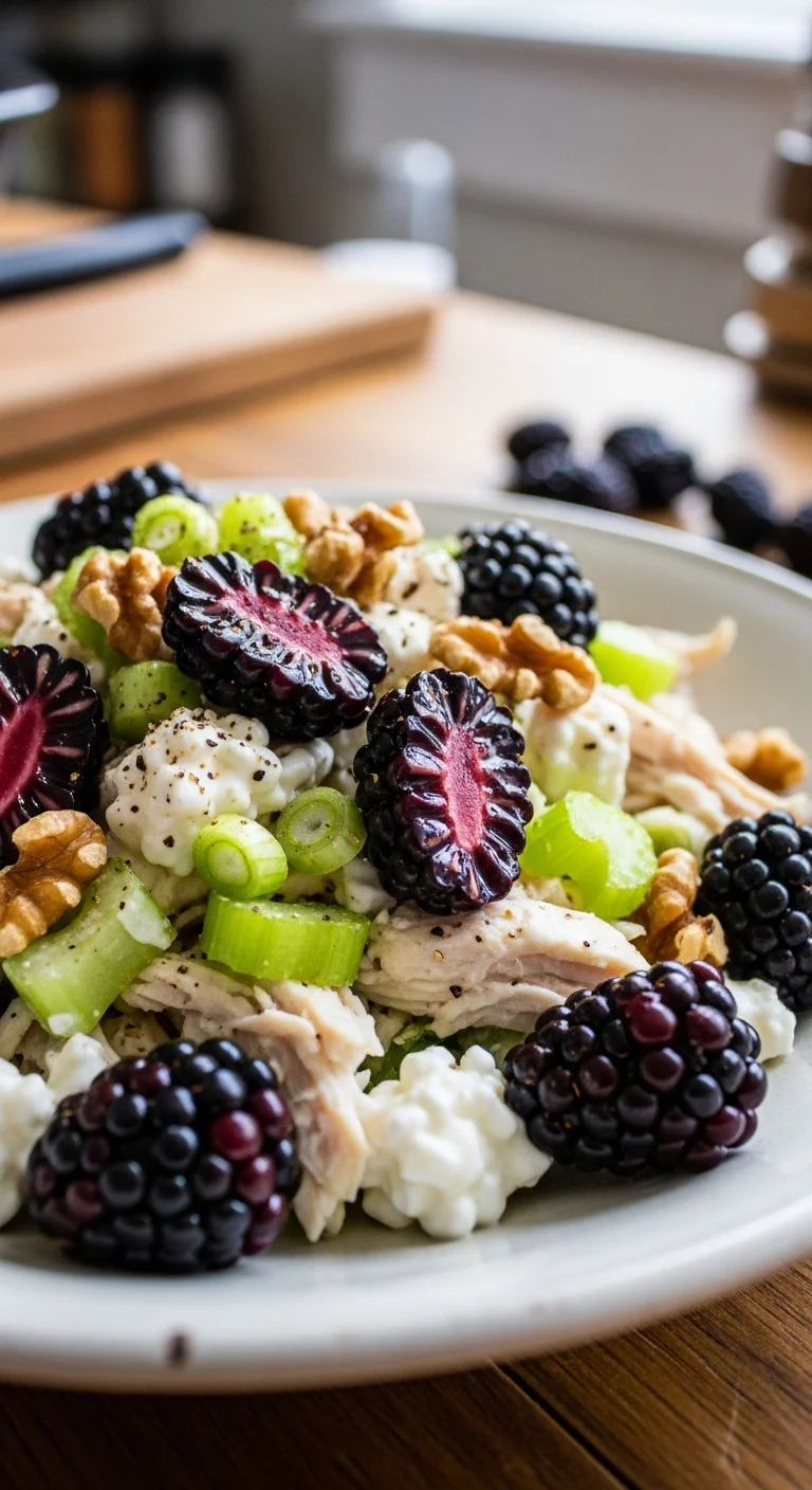 Close-up view of blackberry chicken salad with cottage cheese highlighting the textures and colors of the ingredients.