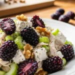 Blackberry chicken salad with creamy cottage cheese, crunchy walnuts, and juicy blackberries, ready to eat.