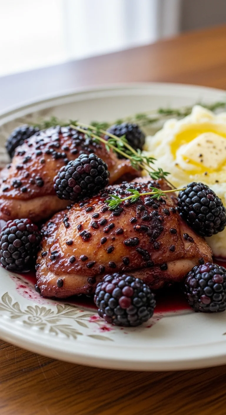 Close-up view of blackberry chicken thighs showing the glistening glaze and tender meat. Enjoy this easy blackberry chicken recipe.