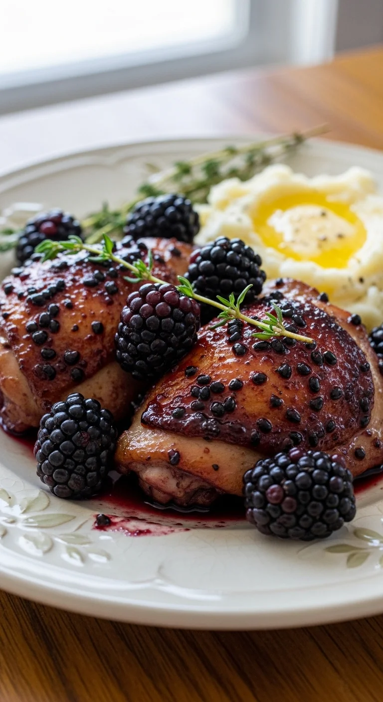 Juicy blackberry chicken thighs ready to eat, glazed to perfection. A delicious and easy blackberry chicken thighs recipe.