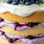 Close-up of a light and fluffy blueberry chiffon cake, showcasing the layers of cake, blueberry jam, and whipped cream.