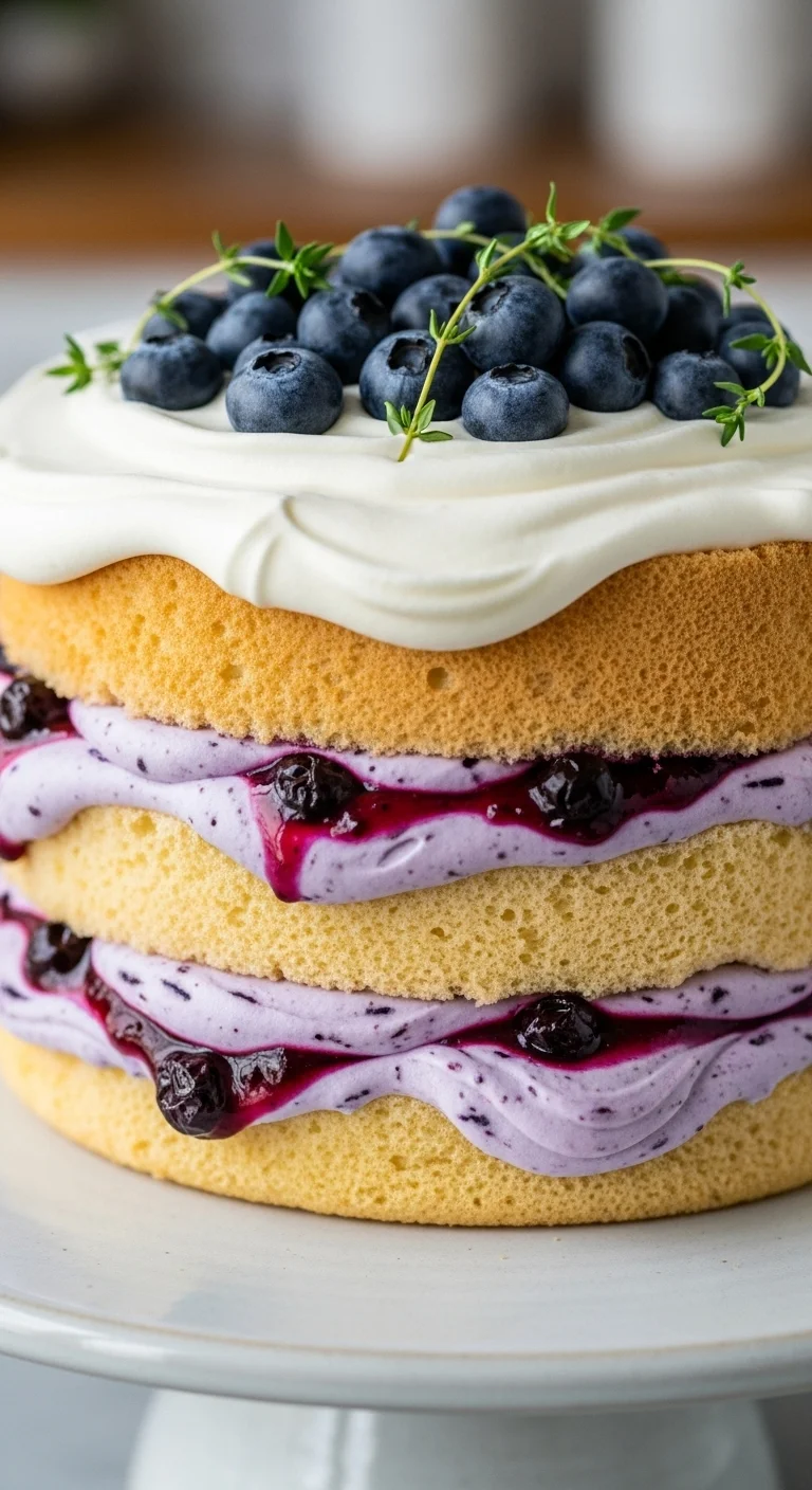 Close-up of a light and fluffy blueberry chiffon cake, showcasing the layers of cake, blueberry jam, and whipped cream.