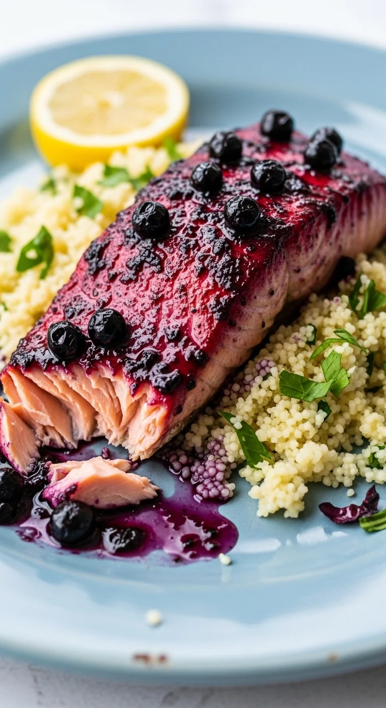 Close-up of blueberry glazed salmon fillet served over lemon herb couscous. Ready to eat!