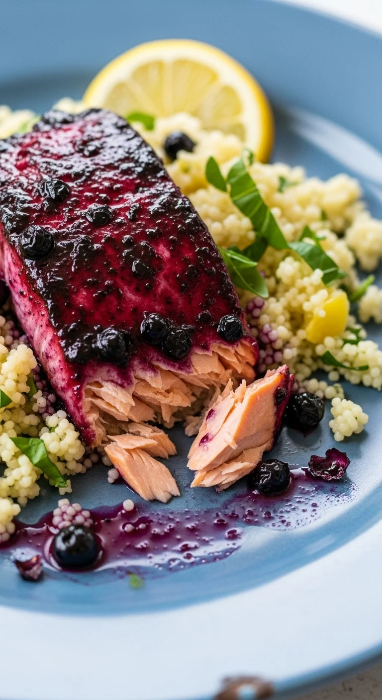 Detailed close-up of the blueberry glaze on baked salmon, showcasing its texture and color.