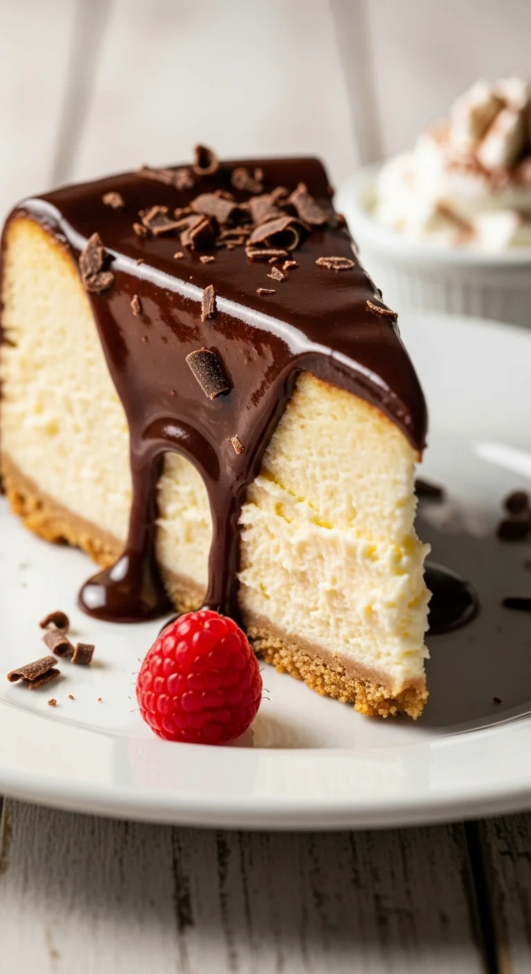Close-up of a decadent Boston Cream Cheesecake, showcasing the creamy filling and chocolate ganache.