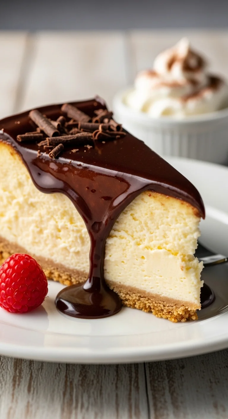 A slice of Boston Cream Cheesecake revealing the layers of creamy cheesecake, custard filling, and chocolate topping.