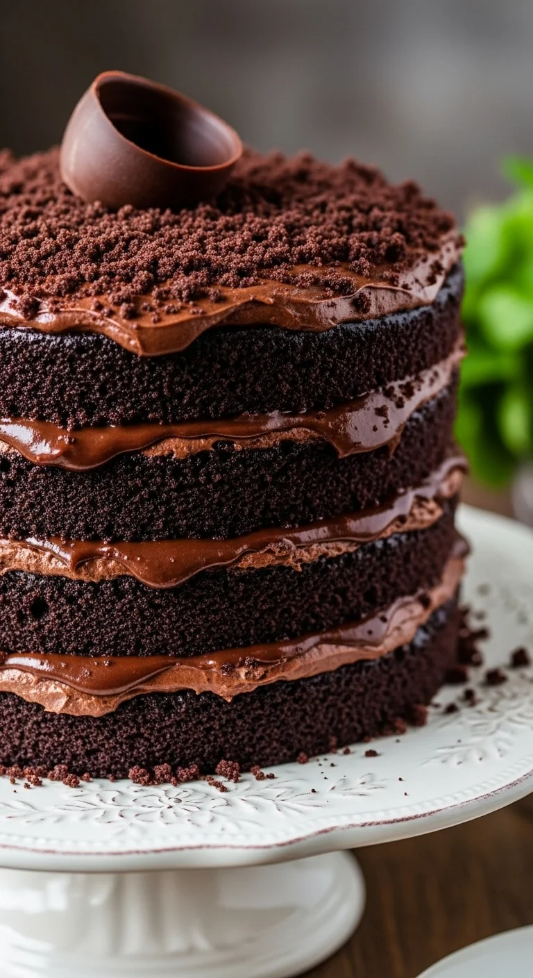 Rich and delicious Brooklyn Blackout Cake, a classic New York chocolate dessert with pudding filling and chocolate crumb coating.