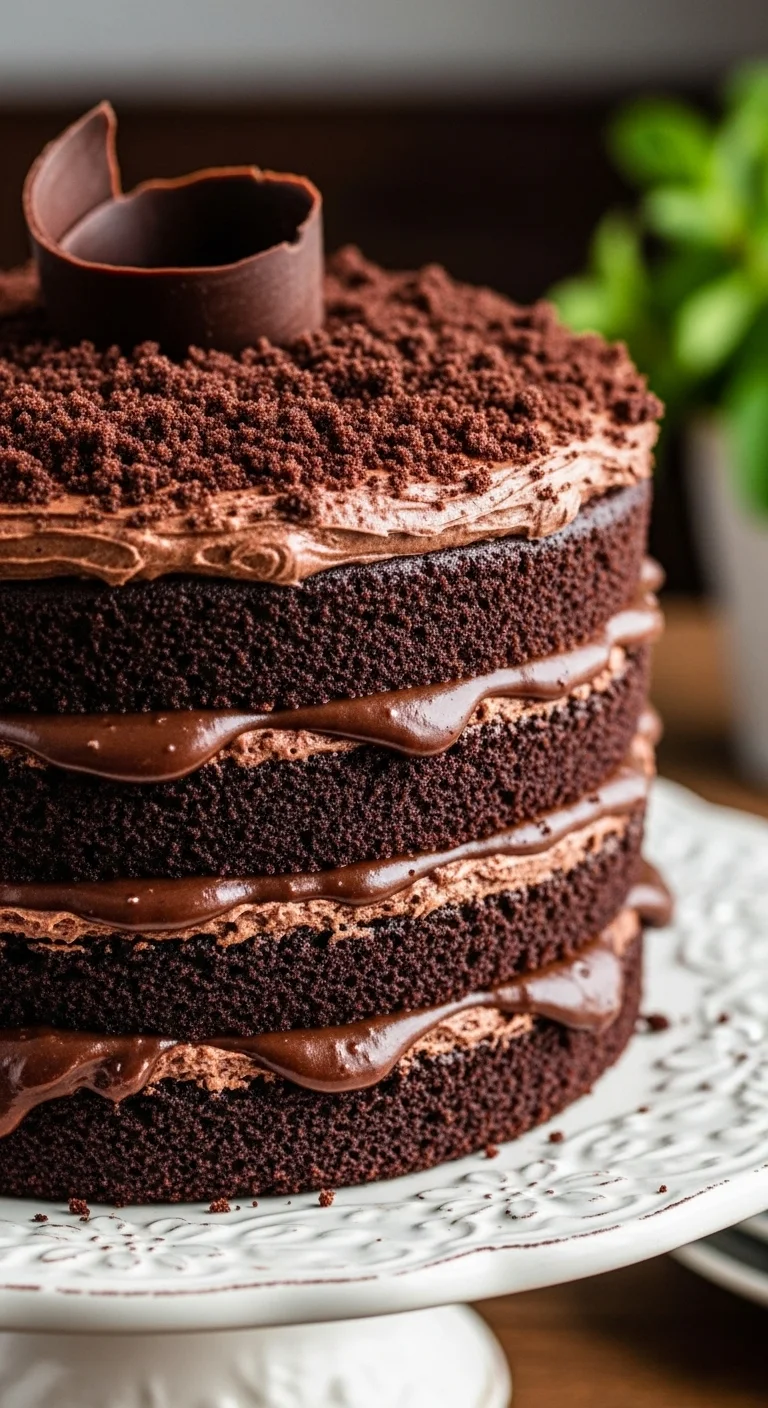 Close-up of a slice of Brooklyn Blackout Cake, showcasing the layers of chocolate cake and rich chocolate pudding filling.