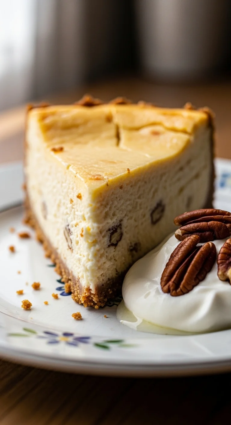 A perfectly sliced piece of Vanilla Bean Brown Butter Cheesecake showcasing its layered texture and creamy filling. Brown butter cheesecake recipe.