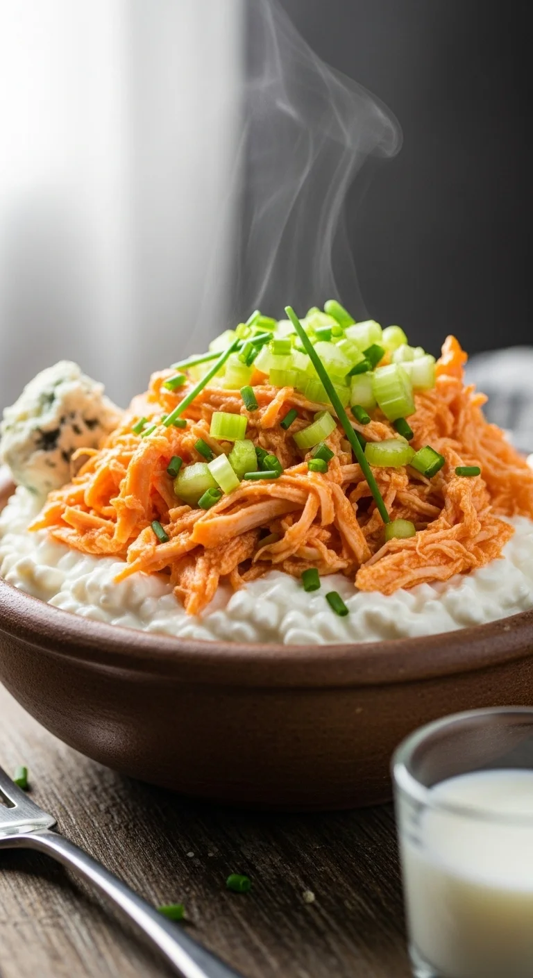 Close-up view of a Buffalo Chicken Cottage Cheese Bowl highlighting the creamy cottage cheese, tender chicken, and flavorful onion butter rice.