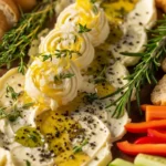 Close-up of a beautifully arranged butter board recipe with colorful toppings, perfect for entertaining guests.
