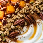 Maple Butternut Squash Yogurt Bowl: Roasted butternut squash with cinnamon and maple syrup in a Greek yogurt bowl.