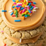 Close-up of a soft and chewy butterscotch dream cookie topped with butterscotch frosting, ready to eat.