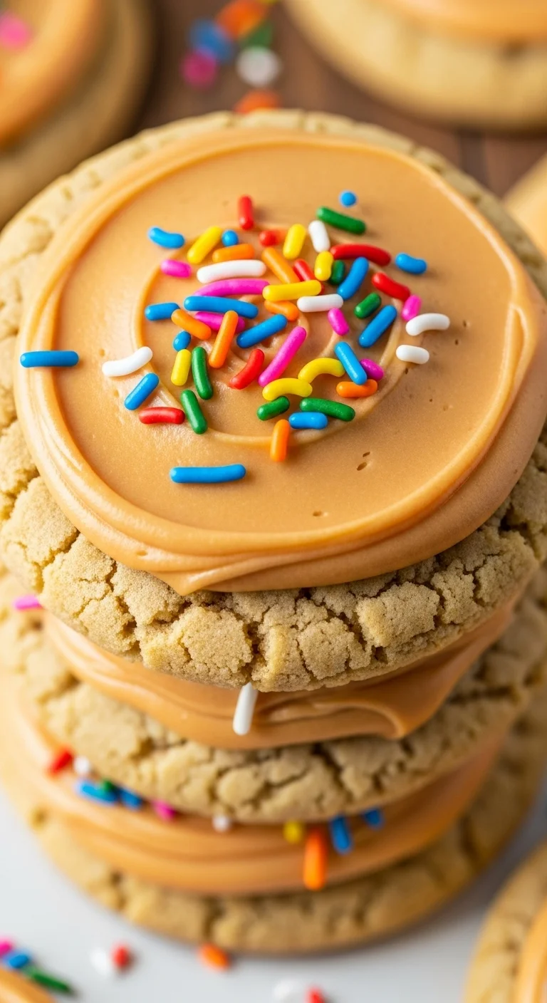 Close-up of a soft and chewy butterscotch dream cookie topped with butterscotch frosting, ready to eat.