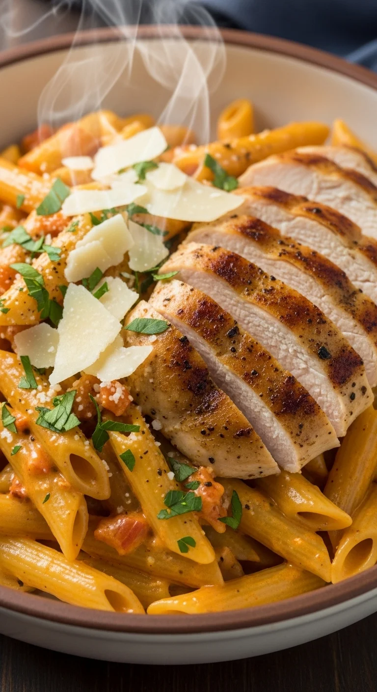 Close-up shot of cajun chicken pasta ingredients: chicken, pasta, cream sauce, cajun seasoning.