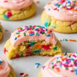 Close-up of soft, colorful cake batter cookies. Crumbl copycat recipe.