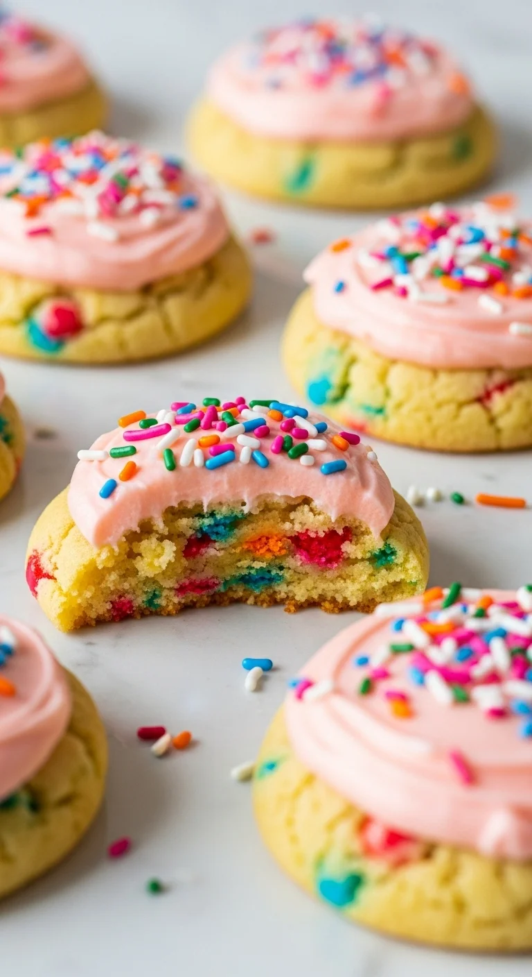 Close-up of soft, colorful cake batter cookies. Crumbl copycat recipe.