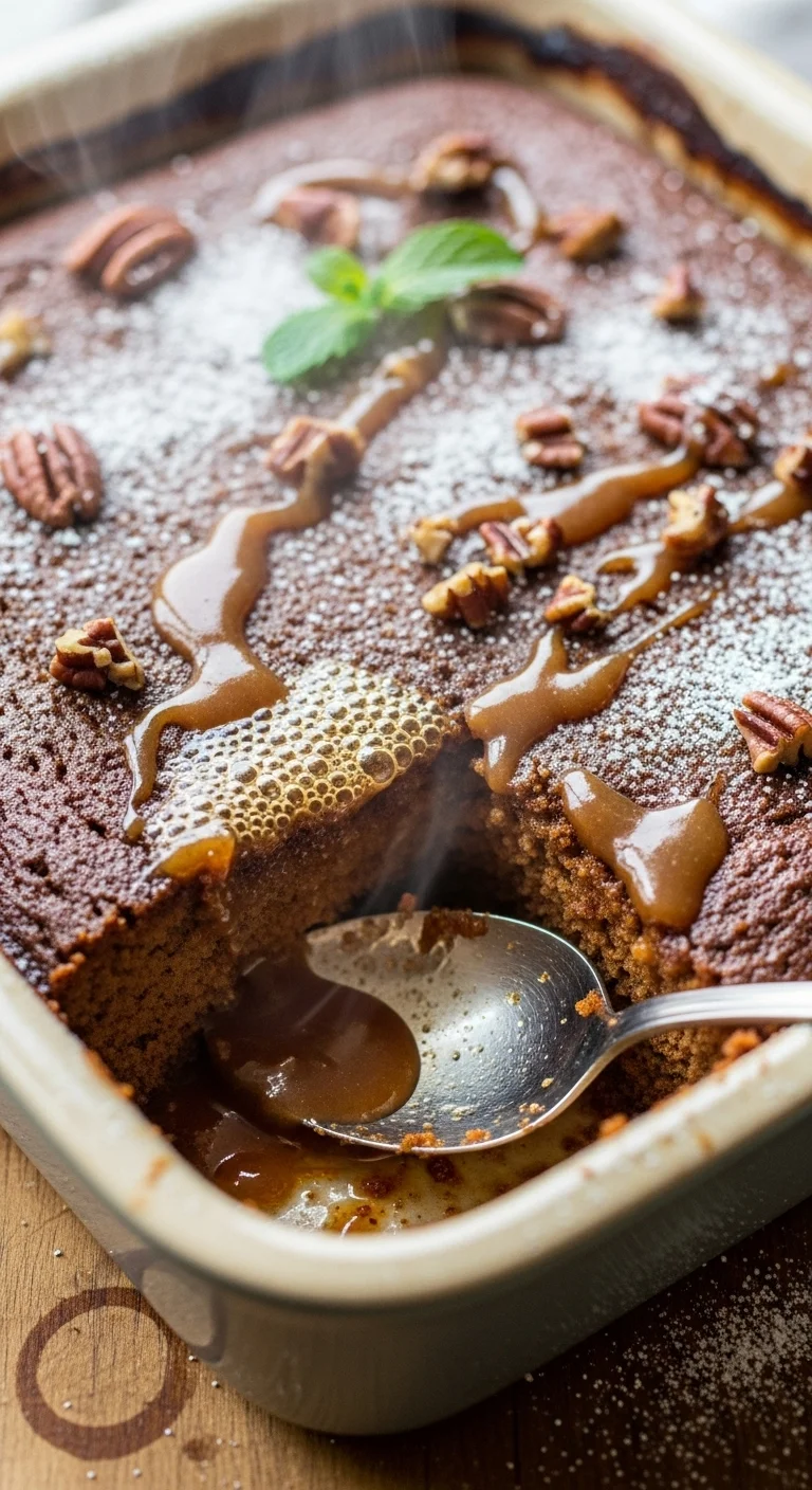 Close-up of warm caramel apple gingerbread pudding cake, perfect for fall baking.