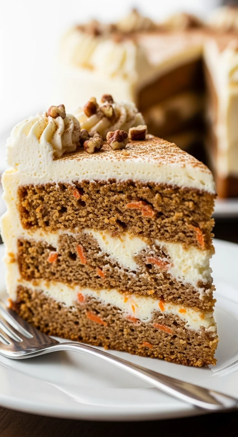 Close-up of a slice of Carrot Cake Cheesecake, showing the layers of carrot cake and creamy cheesecake. Perfect for dessert!