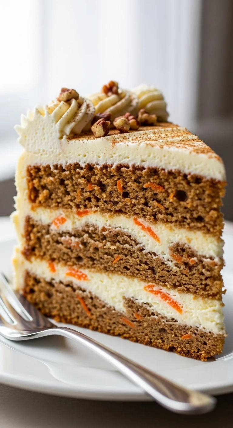 Two slices of Carrot Cake Cheesecake stacked on a plate, topped with cream cheese frosting and a sprinkle of nuts. Ready to eat!
