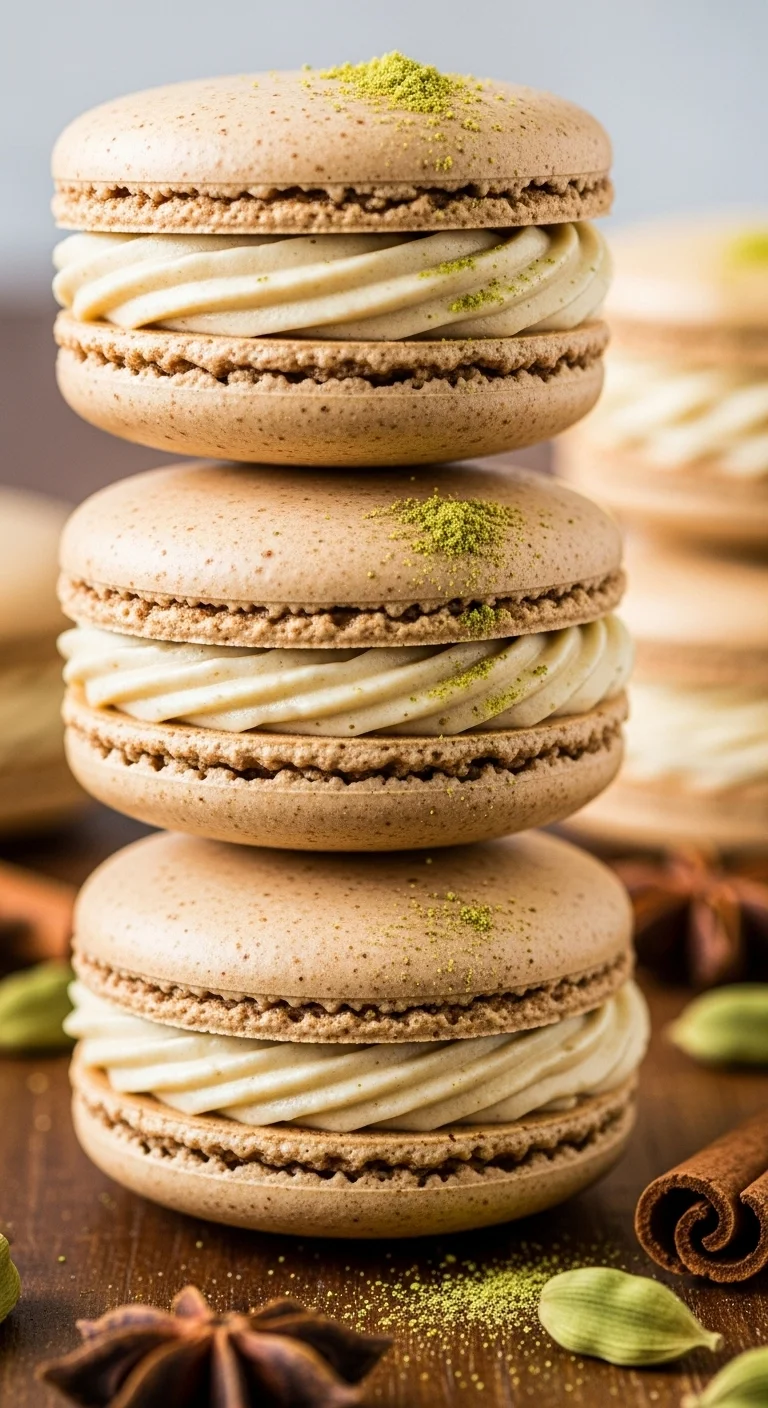 Step-by-step guide showing the process of making Chai Macarons, including piping the batter and filling with cardamom buttercream.