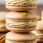 Close-up of delicate Chai Macarons with creamy cardamom buttercream filling, showcasing the spices and texture.