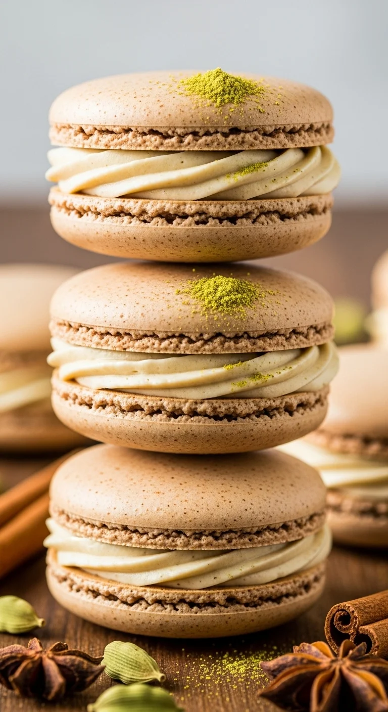 Close-up of delicate Chai Macarons with creamy cardamom buttercream filling, showcasing the spices and texture.