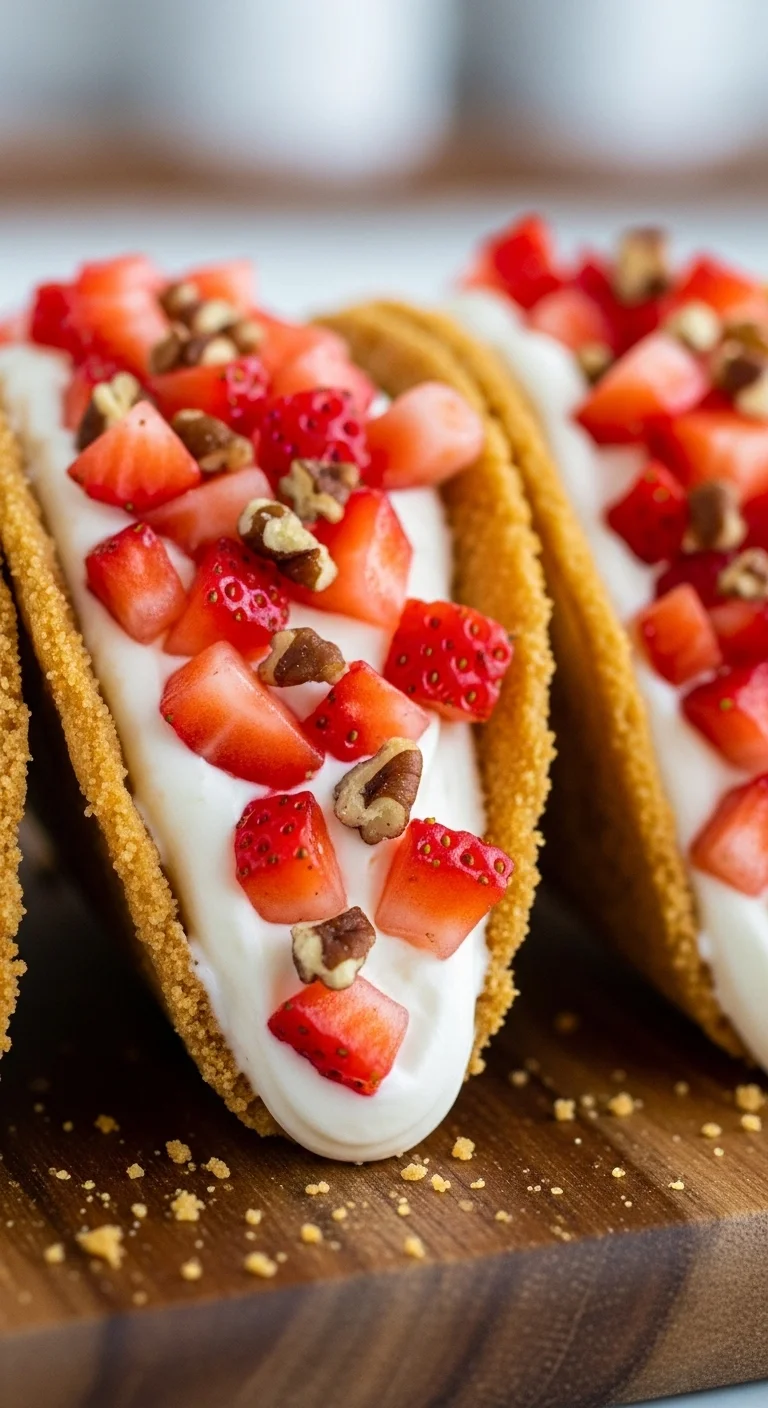 Close-up of Strawberry Crunch Cheesecake Tacos - See the easy step-by-step instructions