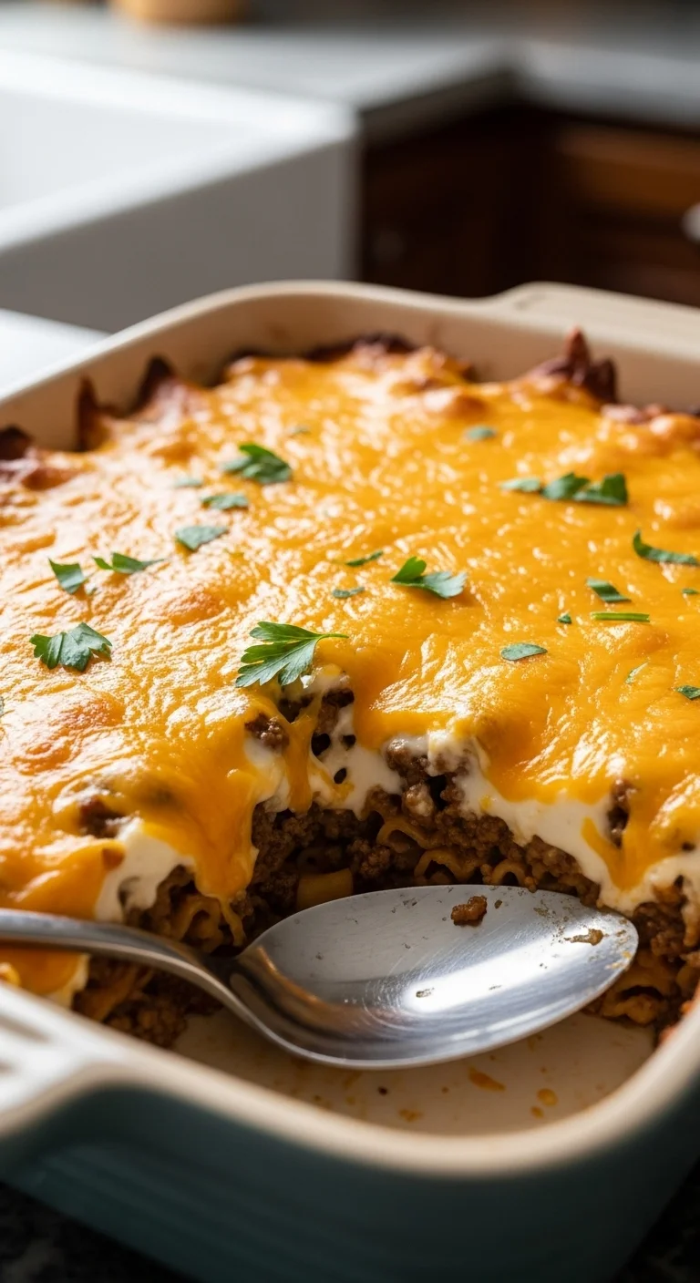 A casserole dish filled with homemade cheesy ground beef casserole.